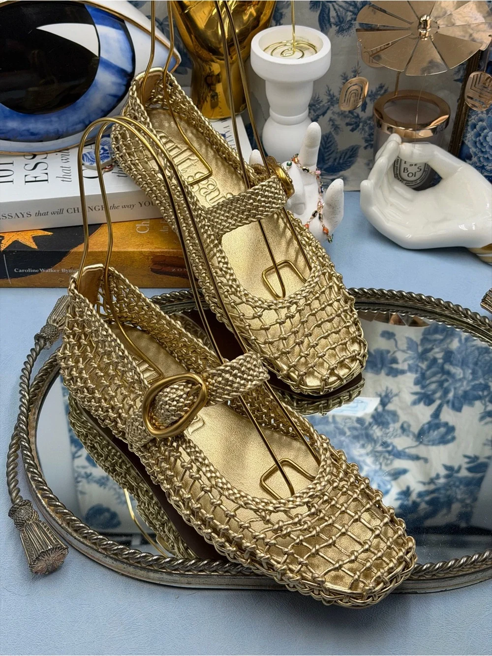 🆕 CULT GAIA 🧿 NWOB Gina Woven Leather Mary Jane Flats, Gold - Sz 37.5 US 7.5